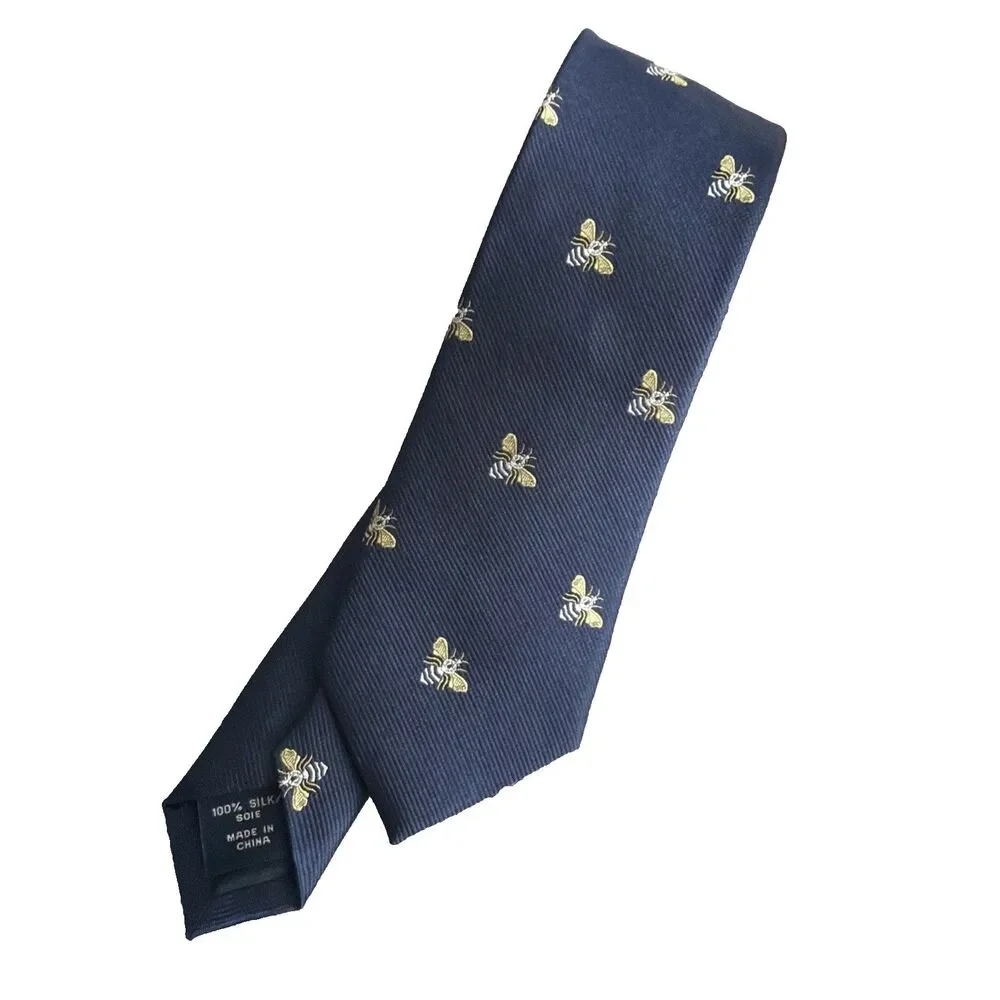 J. Crew Bumble Bee Print Classic Dress Tie Men's 100% Silk Blue Yellow White EUC
